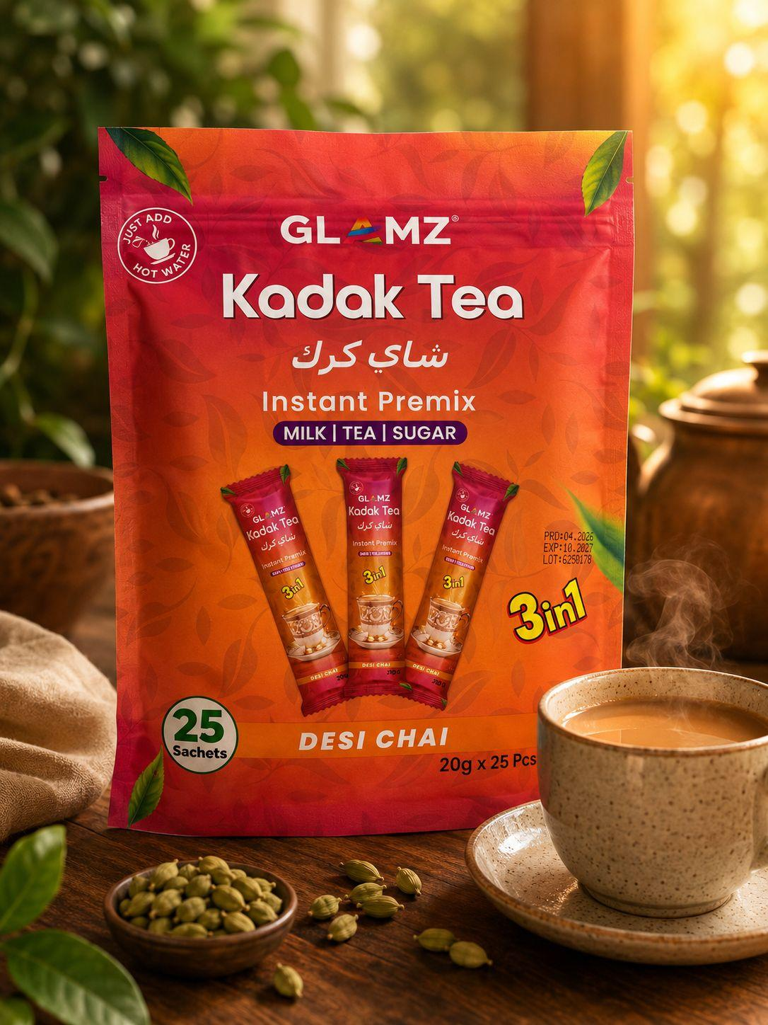 GLAMZ Kadak Tea (Chai) - Instant Premix Refreshing Chai 25 Sachets